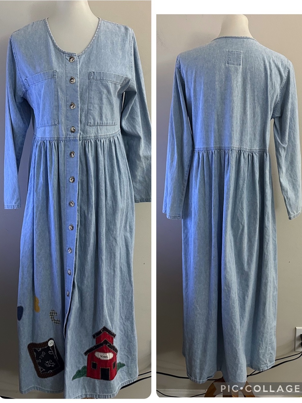 Vintage 90s School Teacher Denim Button-Front Midi Maxi Dress Appliqués